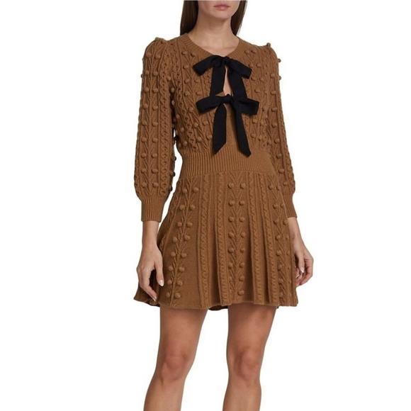 Alice + Olivia Kitty Bow Front Puff Sleeve Sweater Mini Dress Brown Sz M… - Picture 1 of 16